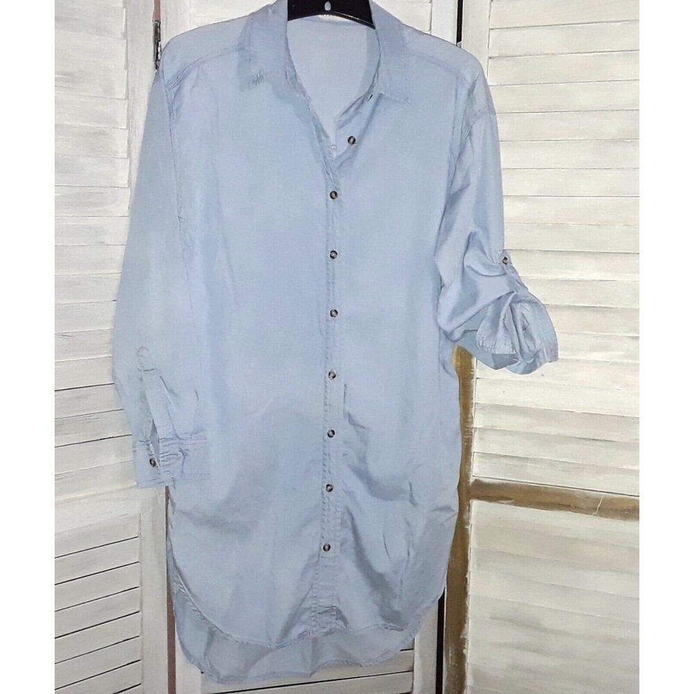 Wishlist Chambray Dress Size Small Bamboo-Blend Long Tab Sleeve High Low Pockets